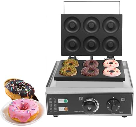 Commercial Mini Donut 6 Holes Electric Doughnut Maker Double-Sided Heating 50-300℃ Non-stick Donut Maker Teflon-Coating for Professional Kitchen Bakery Dessert Shop 1550W