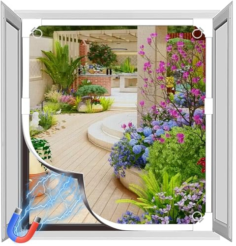 OWYR Mosquitera Magnética Adhesiva Ventana 115 x 125 cm Blanca Gris | Instalación fácil sin taladro, autoadhesiva, ajustable DIY, malla de fibra de vidrio resistente, protección contra insectos