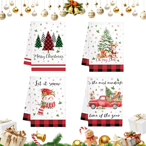 4 Stück 40x60 cm Geschirrtücher Weihnachten, Weihnachtengeschirrtücher, Saugfähig und Schnell Trocknende, Truck Weihnachtsbäume Geschirrtücher Weihnachten Küchenhandtücher Geschirrspüler Baumwolle