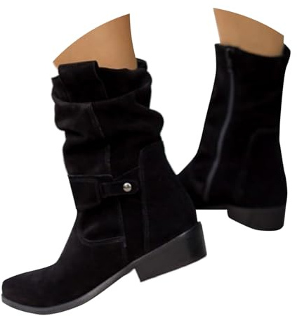 Botines Mujer Invierno Elegantes Botas de Media Altura para Mujer de Ante Occidental con Hebillas Botas Planas Vintage de Equitación Botines Planos de Ante