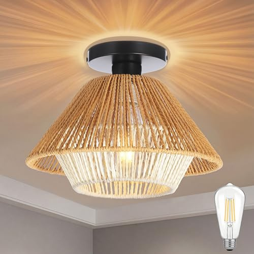 AmazeFun Ø30cm Boho Deckenlampe Rattan Deckenleuchte - E27 Lampenfassung, Deckenleuchte Schlafzimmer, Rustikal Vintage Rattan Ceiling Lamp, Deckenlampe Badezimmer, Boho Lampe für Esszimmer Küche Flur