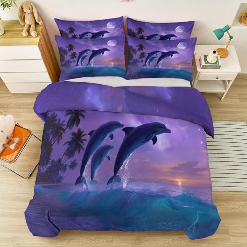 Viola Copripiumino con Stampa di Fantasia Mare Animali Dell'Oceano Delfini Fronte-retro, Morbido e Caldo Copripiumino con Cerniera per Adulti Affittuari Bambini - 135 x 200 cm