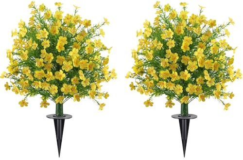 2 Pack Artificial Boxwood Topiary Ball Trees with Ground Spike for Outdoor, 23 Faux Realistic Floral Sphere Shrubs, Artificial UV Resistant Fake Bush Plants for Garden Yard Porch Decor (Yellow)