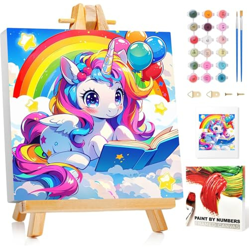 Mafenr Art Cartoon Peinture Numero Enfant Avec Cadre et Chevalet, Cartoon Peinture par Numero Enfant, Peinture par Pour la Décoration de la Maison 20x20cm