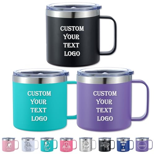 Vaso de café aislado personalizado de 12/14 onzas, taza de café de acero inoxidable grabada con nombre y logotipo, taza de viaje personalizada con asa y tapa, vaso de regalo para mujeres, hombres