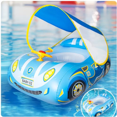 Flotador Bebe con sombrilla Flotadores para Bebes Toldo Extraíble Ajustable Asiento de Natación para Bebés Piscina para Niños Anillo de Flotador Bebé Forma de Coche Ayuda para Nadar 18-48 Meses Azul