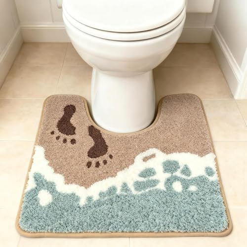 Beach-Themed U-Shaped Toilet Mat, Coastal Non-Slip Bath Rug with Wave Design & Footprints, Soft Absorbent Microfiber Floor Mat for Toilet Base, Machine Washable Bathroom Decor 22x20in (Waves-Toilet)