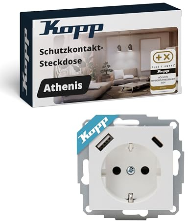 Kopp ATHENIS Unterputz-Steckdose mit USB A & USB C in Reinweiß – Schutzkontakt-Steckdose mit integrierten Ladebuchsen – 16 A / 250 V~ IP20 – Steckklemmen & erhöhter Berührungsschutz