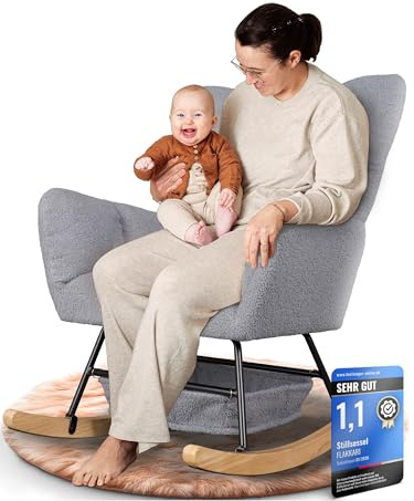 FLAKKARI® Stillsessel Schaukelstuhl Gepolstert [EXTRA-LEISE] mit Taschen Stillstuhl Schaukelsessel Relaxsessel Rocking Chair Nursing Baby | Wolken Grau