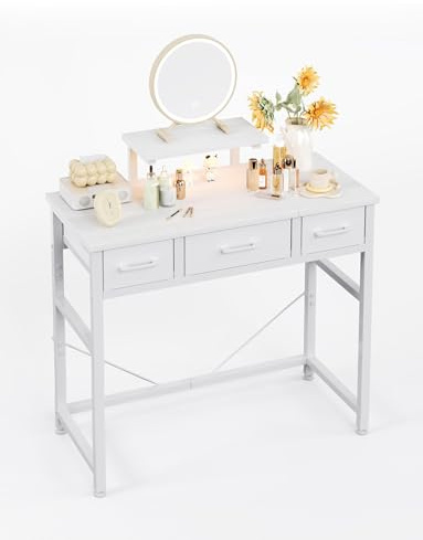 KitMent Small Desk with 3 Fabric Drawers, Small Computer Desk with Adjustable Monitor Stand and Hook, 76x36cm Table for Makeup Vanity, Home Office,Kid's Study, Gaming, White