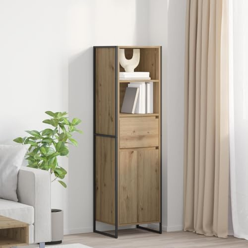 mzdioop Bookcase Craft Oak Wood Material with Steel Legs 43 x 36 x 150.5 cm with Drawer and Door for Living Room Rustic Storage Modern Industrial Design