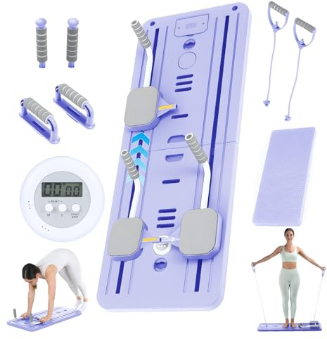 Pilates Reformer 4 en 1 Plegable, Tabla Pilates Multifuncional para Casa con Rodillo Abdominal de Rebote Automático y Contador, Tabla de Entrenamiento con Cuerda de Tensión para Cuerpo Completo