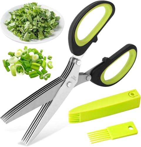 Norhogo 1pcs 5 Schichten Rostfreie Kräuterschere Für Frühlingszwiebeln, Kräuterscheren Edelstahl Küchenschere mit Sicherheitsabdeckung, Schneidschere Zum Zerkleinern Von Gemüse, Schnittlauch