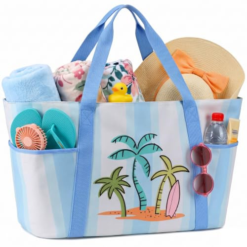 Suweir Strandtasche XXL mit Reißverschluss Canvas Badetasche Groß mit Nassfach Schwimmtasche Damen Beach Bag faltbare Shopper Familie Urlaub Reise 50L