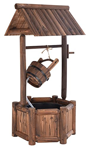 COSTWAY Gartenbrunnen Holz, Wasserbrunnen mit elektrischer Pumpe, rustikaler Wunschbrunnen, Tannenholz, Dekobrunnen Springbrunnen, Holzbrunnen für Terrasse Garten, 58,5 x 51 x 117 cm, Braun