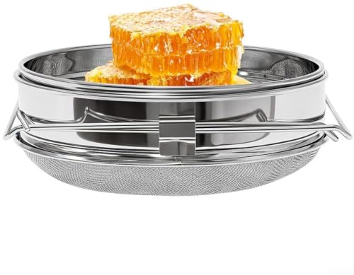 Colador de miel de acero inoxidable de doble malla 650 y 1875, brazos desmontables, se adapta a cubos de 5 a 10 galones, fácil de limpiar, suave para la superficie de la cocina