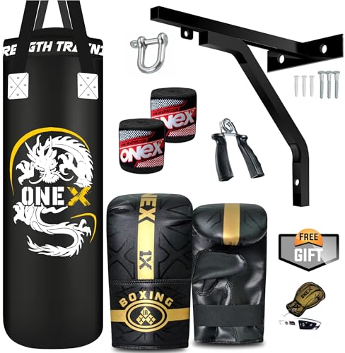 ONEX 3ft Punch Bag Set Heavy Filled Boxing Training Punching Gloves Fighting Hanging 13pcs Bracket set (Black)
