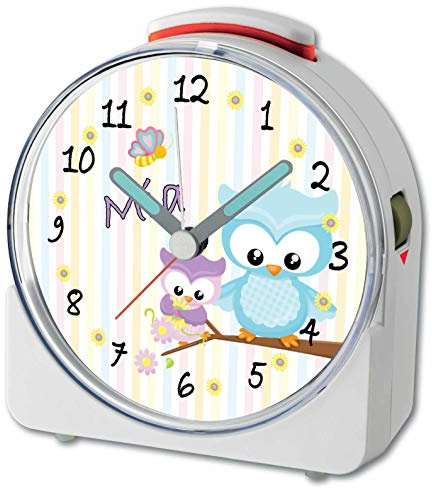 CreaDesign, WU-71-1008, Eule Frühling, analog Kinderwecker weiß, Funkwecker mit Sweep-Uhrwerk und fluoreszierenden Zeiger und Licht, personlisiert mit Namen, 10,2 x 4,6 x 11 cm