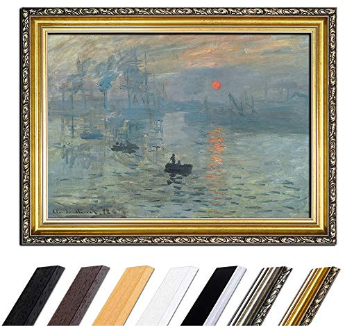 Bilderdepot24 Bild mit Rahmen - Claude Monet Impression - Sonnenaufgang 50x40 cm - Gerahmtes Leinwandbild Alte Meister - Antiker Rahmen Gold Barock, Klassisch