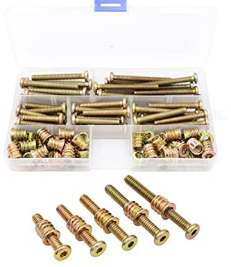 LBY 35 Sets Threaded Insert Nuts and Bolt Assortment Kit, 1/4-20 × 13mm Threaded Inserts & Hex Socket Furniture Barrel Bolts (5 Sizes) Combination, Carbon Steel (Zinc Plated), Yellow