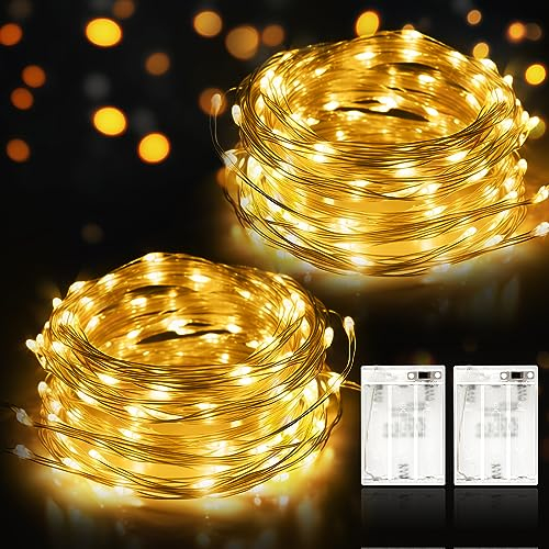 Suright Guirlande Lumineuse, 2 x 12M 120LED Guirlandes Lumineuses à Piles Étanche Extérieur Intérieur Girlande de Lumière pour Noël Mariage Anniversaire Fête Chambre Jardin Vase Rideau (Blanc Chaud)