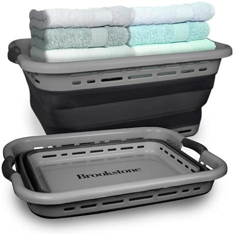 BROOKSTONE 11 GALLON XL 24 Collapsible Laundry Basket & Clothes Hamper, Comfort Non-Slip Handles, Modern Laundry Hamper with Space Saving Design, Portable Pop-Up Hamper, BPA FREE, Grey, 1 Pack