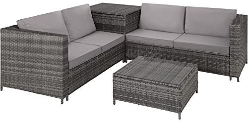 tectake Polyrattan Sitzgruppe für 4 Personen, Balkon Garnitur mit Sitzkissen, Aufbewahrungsbox draußen sowie Outdoor Couchtisch mit Glasplatte, Balkonmöbel Rattan - grau/hellgrau