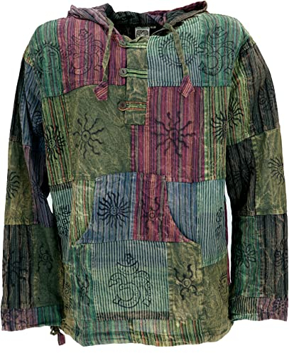 GURU SHOP Yoga Hemd, Goa Hemd, Unikat Patchwork Sweatshirt, Leichter Freizeit Hoodie - Grün, Herren, Baumwolle, Size:L