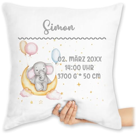 Kissen 40x40 Zierkissen - Geburtsgeschenk Elefant personalisiert mit Name Datum Uhrzeit Gewicht Größe I Geschenk zur Geburt - 40 x 40 cm - Weiß - personalisierte Babygeschenk neugeboren Elefanten