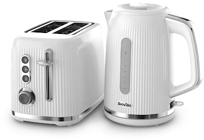 Breville White Kettle and Toaster Set with 1.7 Litre, 3KW Fast-Boil Electric Kettle and 2-Slice High-Lift Toaster White and Silver Chrome [VKT257 and VTR037]