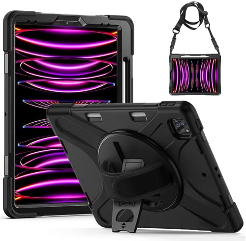 Gerutek Hülle für iPad Pro 12,9 Zoll (6. /5. /4. /3. Generation), Schwarz | Stoßfeste Hülle mit 360° Drehbar Stände/Handschlaufe, Schultergurt Stifthalter, Rundumschutz Case für Arbeit/Outdoor/Drinnen