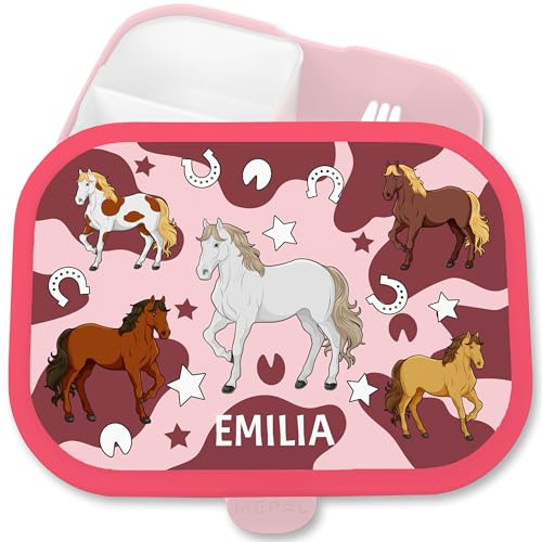 Kinder Campus für Mepal - Pferd - Pferde Brotdose Pferdemotiv Geschenk Pferdemädchen Jausenbox - 750 ml - Rosa - personalisierte schule geschenke mädchen horse und name brotzeitbox fächern