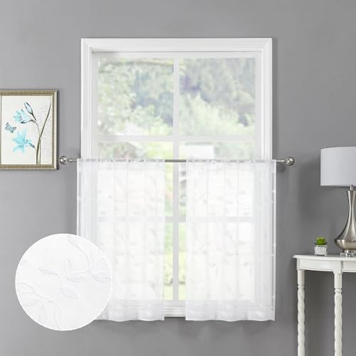 Tollpiz White Leaf Sheer Tier Curtain Leaves Embroidered Kitchen Curtains Rod Pocket Voile Bathroom Window Treatment for Cafe, 30 x 36 inches Long, Set of 2 Panels