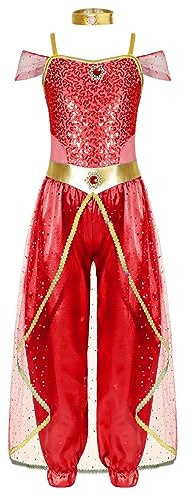 dPois Ragazza Costume Travestimento Danza del Ventre per Carnevale Halloween Festa di Compleanno Costume Principessa Araba Bambina Belly Dance Outfits Abito Travestimento Rosso 9-10 Anni