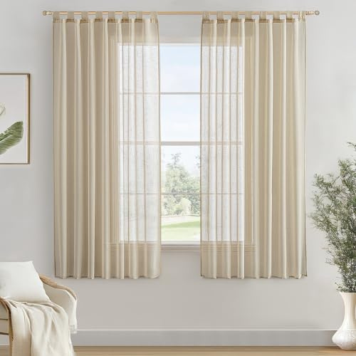 MIULEE Voile Gardine Leineneffekt halbtransparent 2er Set B140 H160 Beige | Halbtransparente Voile mit natürlichem Leineneffekt und praktischen Schlaufen, Deko für Wohnzimmer und Schlafzimmer