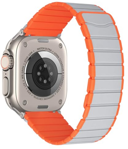 MroTech Kompatibel mit Apple Watch Ultra/Ultra2 Armband 49mm, 45mm 44mm 46mm Silikon Gliederarmband Sport Ersatz für iWatch Serie 10 9 8 7 SE2 SE 6 5 4 3 2 1 Magnetarmband,46/44/45/49 Grau/Orange