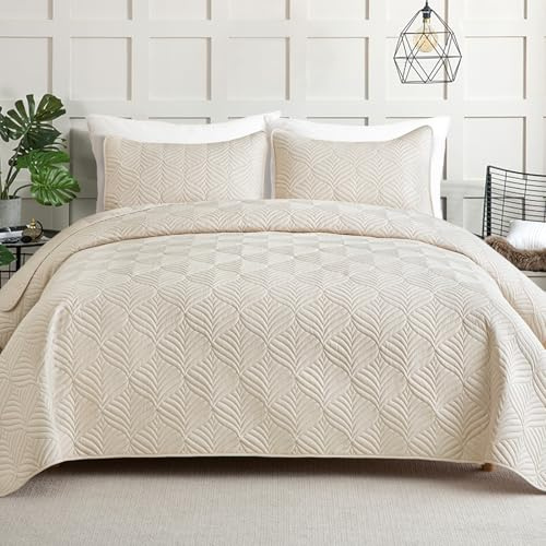 Whale Flotilla Colcha Moderna de 240 x 260 cm, Colcha con 2 Fundas de Almohada, Edredón de Microfibra con Estampado en Relieve, Ropa de Cama Ligera y Suave para 4 Estaciones, Beige