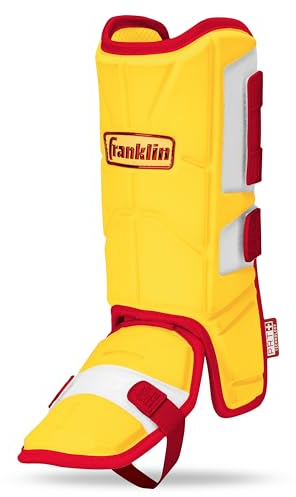Franklin Sports Baseball + Softball Leg Guard - PRT Series Adult Shin + Foot Shield for Batting - Protective Leg + Ankle Guard with Toe Plate - Right Hand + Left Hand Hitters - Yellow/Red - One Size