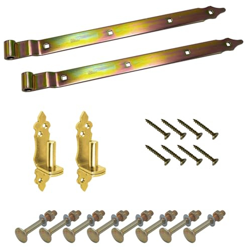 BRESKO Ladenband gekröpft mit dekorativen Kloben und Schrauben Set 300-800 mm Torband Türband Scharnier Bandscharnier Tor Beschlag Gartentor (Gelb verzinkt, 500x35x4 mm)