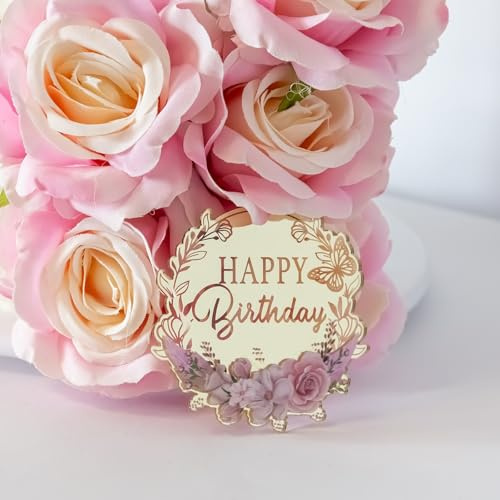 3 Little Desserts Happy Birthday Cupcake Toppers - Birthday Party Cupcake Toppers - Happy Birthday Floral Edition Charms - Acrylic Mirror Cake Topper - Pack of 6 (STYLE 1)