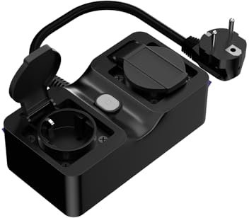 Refoss WLAN Outdoor Steckdose mit Alexa, Smart Home WiFi Aussensteckdose Wasserdicht, Fernbedienung Doppelsteckdose Außen, funktioniert mit Google Home, Fernbedienung, 16A, Schwarz