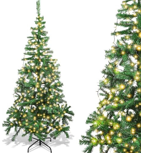 Aigostar 180 CM Árbol de Navidad Artificial,con Cadena de Luces LED de 18 M, 300 LED Blanco cálido, 8 Modos de Iluminación,450 Ramas,Color Verde,Incluye Soporte de Meta