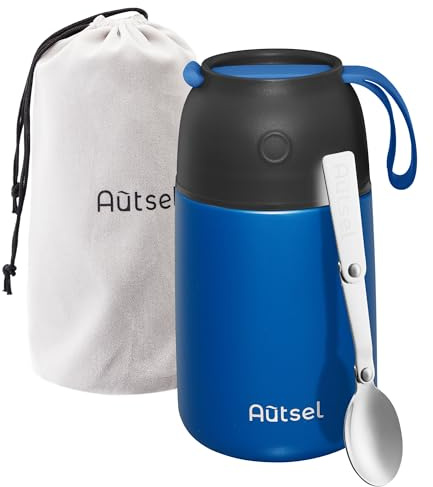 Autsel Food Flask for Cold/Hot Food, 700ml Thermal Soup Flask, Insulated Food Container, Stainless Steel Food Jar with Folding Spoon - Keep 12h Cold & Hot