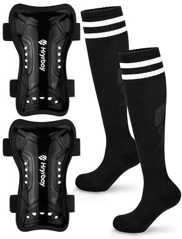 Hryrbay Kids Soccer Shin Guards and Socks Toddler Youth Soccer Shin Pad Set | Two Elastic Straps, High-Strength PP Shell, 4MM EVA Backing, Protective Defender Gear, Boys Girls, Black, Black S