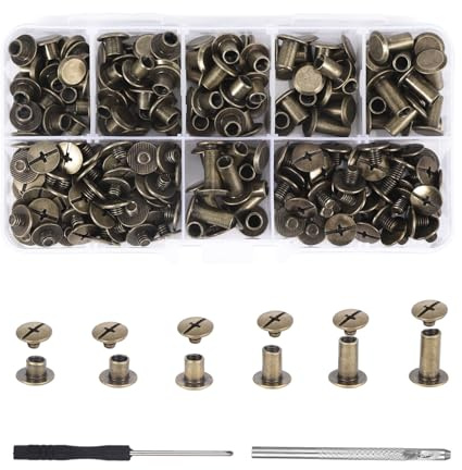 110 Satz Bronze Buchschrauben Edelstahl,Schraubnieten für Leder Set,Chicago Schrauben Kit 6 GrößEn,M5 X 4/5/6/8/10/12mm Ledernieten,Nieten für Leder Taschen GüRtel RucksäCke Gürteltaschen DIY