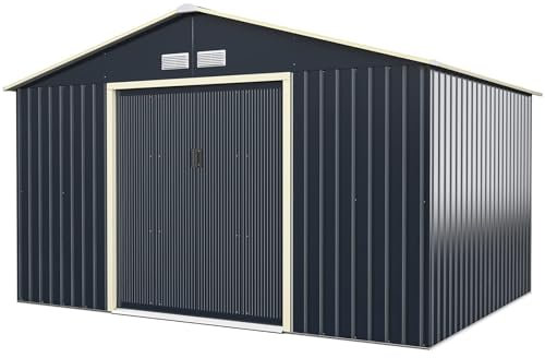 RELAX4LIFE Casetta da Giardino 340x255x210cm, in Lamiera d'Acciaio e e Lamiera Zincata con Doppie Porte Scorrevoli, Tetto Inclinato, per Porta Attrezzi, Tosaerba (C)