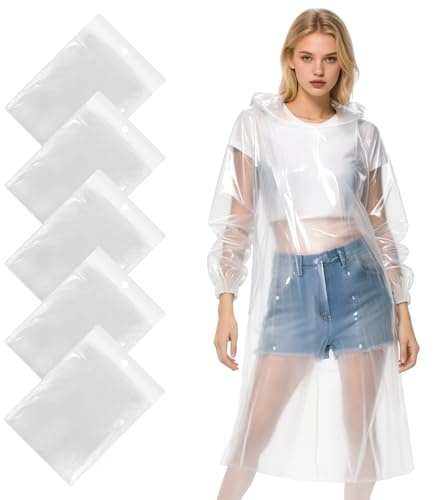 LEEPAT 5 Pack Ponchos Waterproof with Sleeves and Drawstring Hood, Thickened Portable Adult Emergency Disposable Waterproof Poncho Ideal for Festival Waterproofing, Camping, Theme Parks