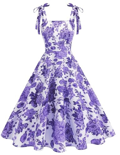 EFOGEP Robe vintage années 1950, rockabilly, swing, style Hepburn, à bretelles spaghetti, floral, trapèze, robe midi, rétro, années 50, pour cocktail, soirée, été décontractée, lilas, M