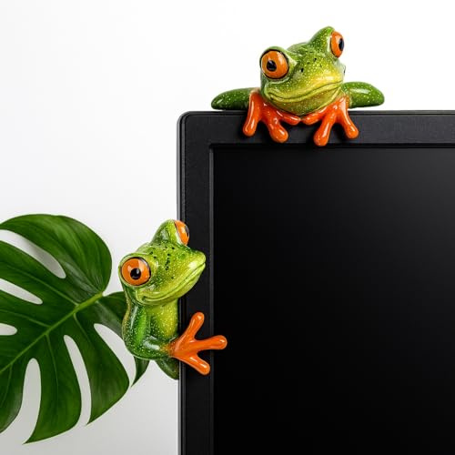 Frog Monitor Decorations, Set of 2 – Funny Resin Green Desk Ornament Figurines for Computer, Office or Home – Cute Climbing Frogs for Screen, Picture Frame or Cubicle Display – Quirky Gift Idea