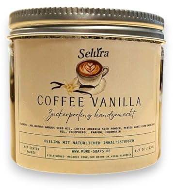 Zuckerpeeling, Natürliches Körperpeeling tolle Düfte, Kokosöl & Vitamin E, Sanftes Peeling für glatte Haut, Handgemacht, 200g (Coffee Vanilla)